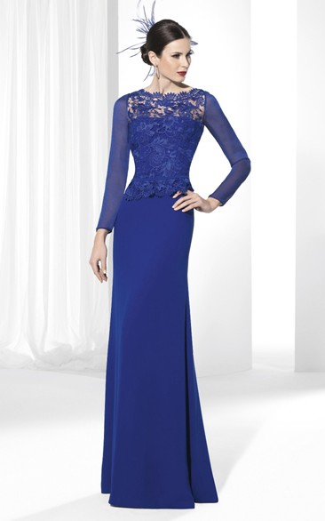 Jewel-Neck Floor-Length Appliqued Long-Sleeve Jersey Prom Dress