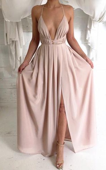 Sexy V-neck Spaghetti Strap Prom Dress With Front Split