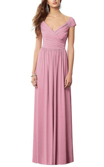 Cap Sleeve V-neck Ruched Long Chiffon Dress