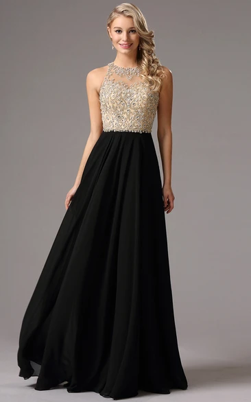 Empire Floor-Length Sweep High-Neck Sleeveless Empire Chiffon Beading Keyhole Dress