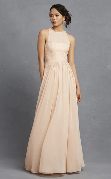 Sleeveless Long-Chiffon Dress With Lace Appliques