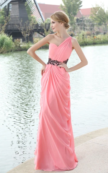 One-Shoulder Chiffon Dress With Pleating and Beaded Waistband