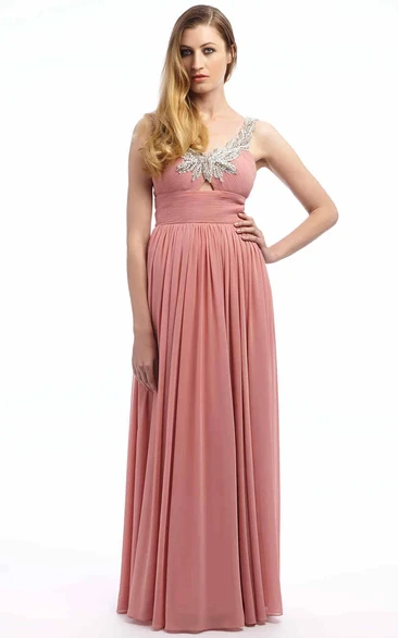 Beaded Sleeveless Strapped Long Chiffon Prom Dress With Pleats