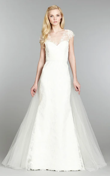 Demure V-Neck Cap Sleeve Lace Dress With Detachable Tulle Train