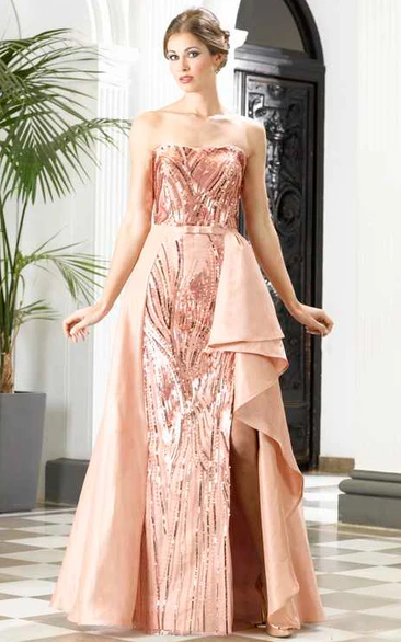 A-Line Floor-Length Strapless Sleeveless Sequins Split Front Detachable Train Dress