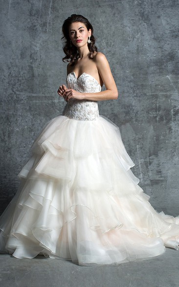 Strapless Organza Layered Ball Gown With Lace Bodice