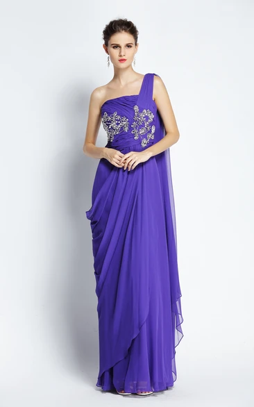 A-Line Floor-length One-shoulder Chiffon Sleeveless Prom Dress with Beading and Draping