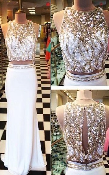 Sheath Two Pieces Jewel Neck Beaded Brush Train Prom Dress