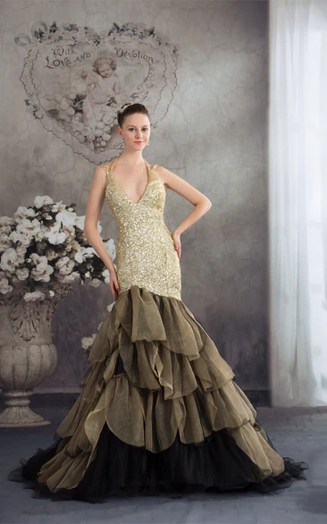 Plunged Trumpet Tiered Sequined Bodice and Gown With Tiers