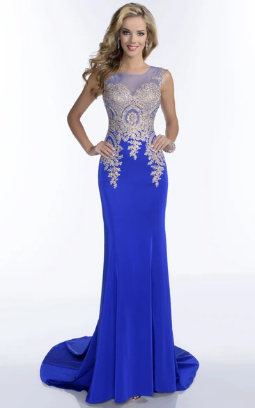 Bateau Neck Sleeveless Sheath Jersey Prom Dress With Illusion Back And Rhinestone Bodice