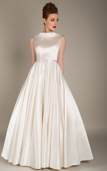 Elegant Satin Floor Length Jewel Neck Sleeveless Wedding Dress with Ruching