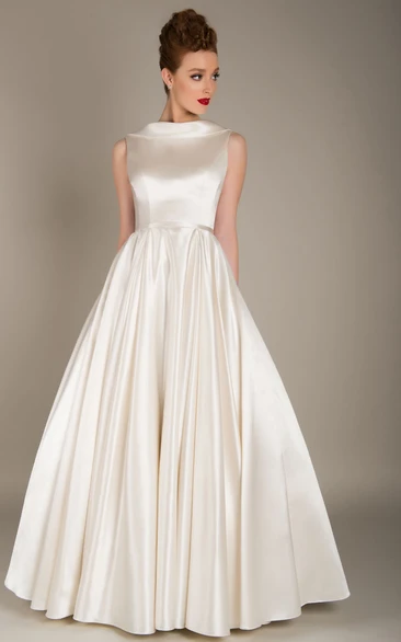 Elegant Satin Floor Length Jewel Neck Sleeveless Wedding Dress with Ruching