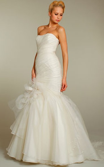 Sassy Strapless Asymmetrical Draped Bodice Organza Tiered Dress With Floral Detail