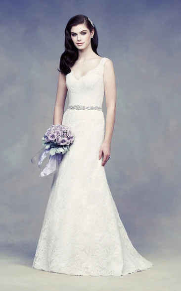 Lace Elegant Dress With Beading Sash And V Back