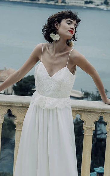 Ethereal Sheath Chiffon Spaghetti Deep-V Back Long Wedding Dress