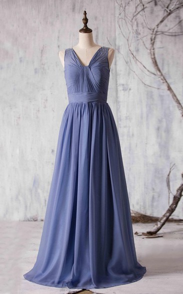 V Neck V Back Pleated A-line Chiffon Long Dress With Beadings