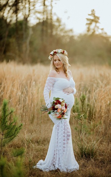 Lace Mermaid Illusion Long Sleeve Off-the-shoulder Maternity Wedding Dress