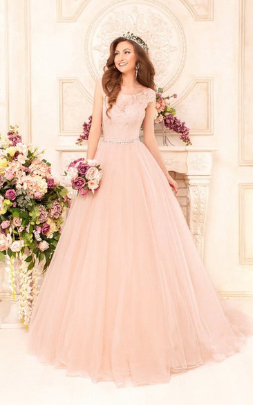 Long Bateau Neck Short Sleeve A-line Tulle Wedding Dress With Beaded Waist