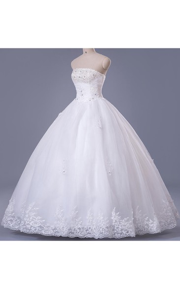 Elegant Strapless Sleeveless Wedding Dress Ball Gown With Lace Beadings