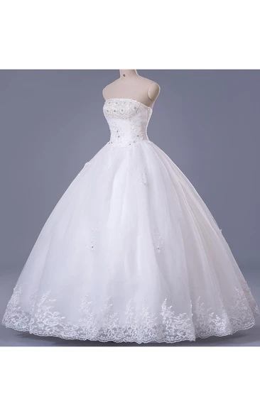 Elegant Strapless Sleeveless Wedding Dress Ball Gown With Lace Beadings