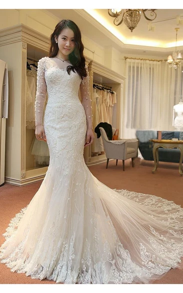 Stunning Long Sleeve Lace Wedding Dresses Mermaid With Train