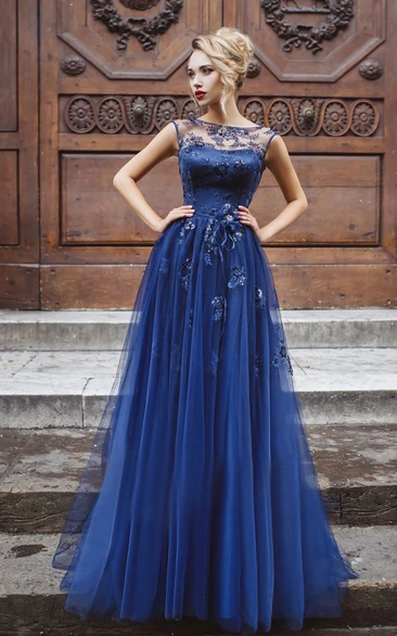 A-Line Floor-Length Bateau Short Sleeve Tulle Pleats Appliques Keyhole Dress