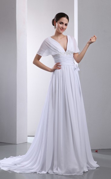 Fantastic V-Neck Capped A-Line Pleated Chiffon