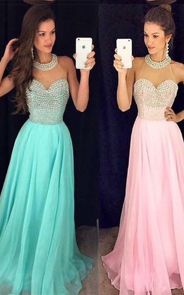 Timeless Beads High-Neck Long Prom Dress Chiffon Sleeveless Party Gowns