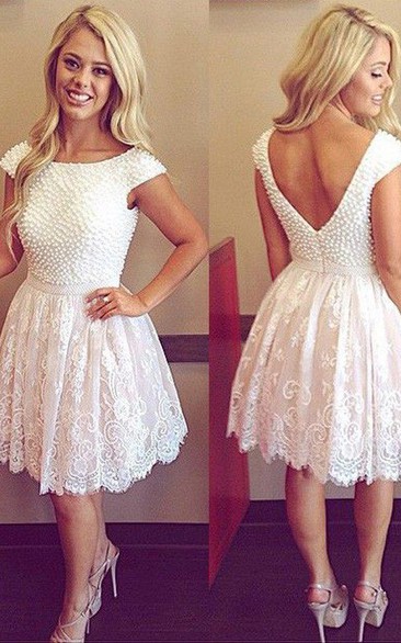 A-line Short Sleeve Lace Bateau Zipper Low-V Back Short Mini Homecoming Dress