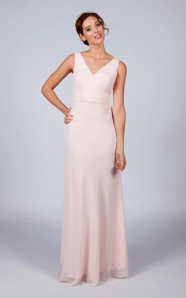 V Neck V Back A-line Chiffon Long Dress Blush