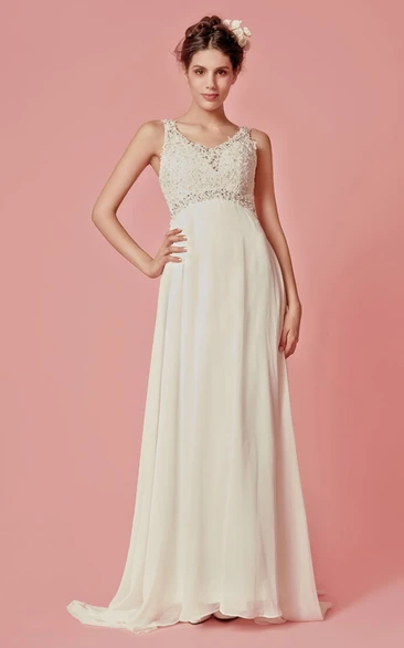 Sleeveless V Neck Long Chiffon Dress With Beaded Lace Detailing