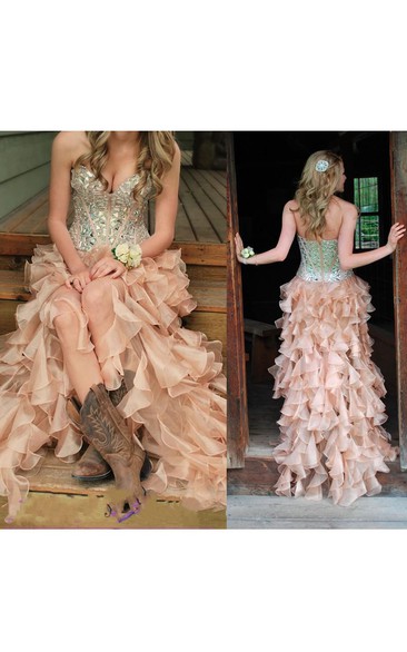 Dusty Rose Country Ruffled Long Layered Prom Dress with Beadings