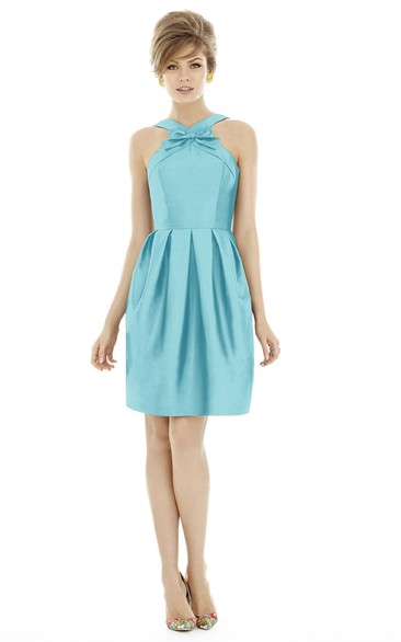 A-Line Short Ruched Satin Dress with Sash and Strap-Back