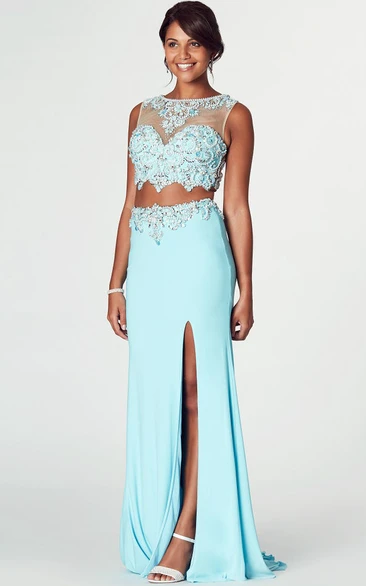 Beaded Bateau Neck Sleeveless Jersey Prom Dress