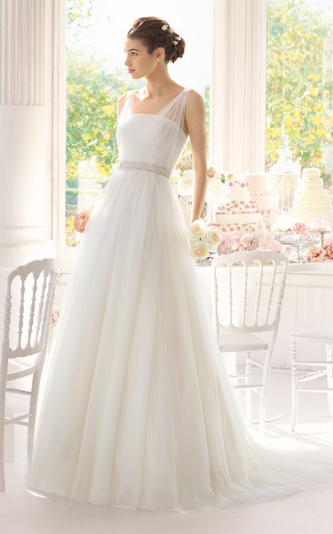 Sleeveless A-Line Tulle Long Dress With Beaded Waistband