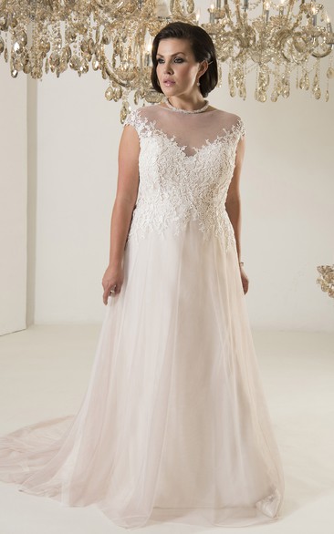 A-Line Floor-Length Jewel Neck Cap Tulle Chapel Train Illusion Appliques Dress