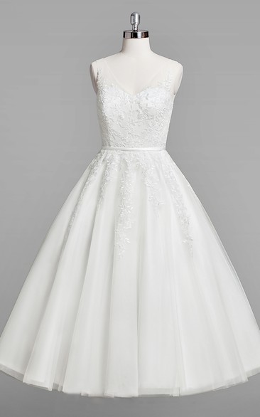 V-Neck Sleeveless A-Line Lace Tea-Length Wedding Dress