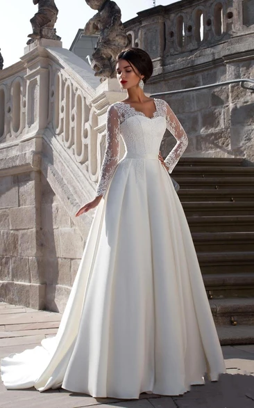 Gorgeous Scalloped Neck Satin A-line Gown With Lace Sleeves