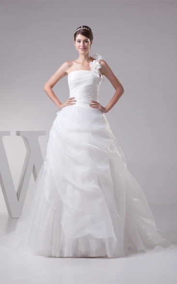 One-Shoulder A-Line Pick-Up Ruching and Gown With Flower