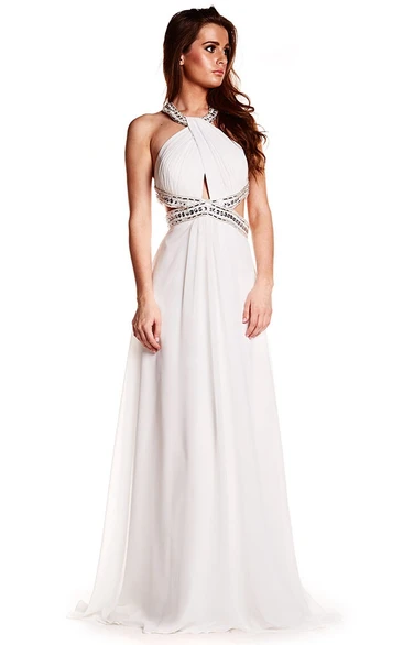 Sleeveless Beaded Halter Chiffon Prom Dress With Brush Train