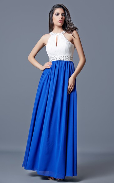 Beaded Neckline and Waist Long A-line Chiffon Dress