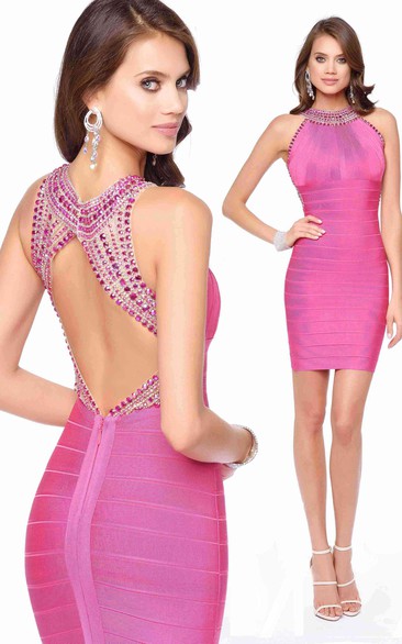 Pencil Short Jewel-Neck Sleeveless Keyhole Dress With Beading