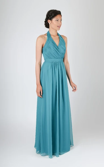 A-Line V-Neck Long Pleated Chiffon Classical Dress