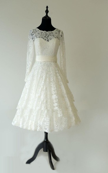 Tea-Length Bateau Neck Long Sleeve Lace Dress With Sash