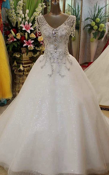 Beaded Short Sleeve Tulle Ball Gown With V Neck