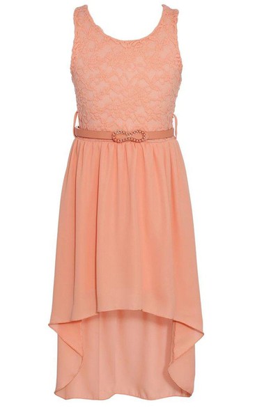 Sleeveless High-low Dress With Lace Bodice and Belt