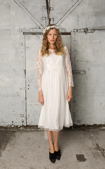 Lace and Tulle Tea Length Dress With Long Sleeves and Bateau Neck