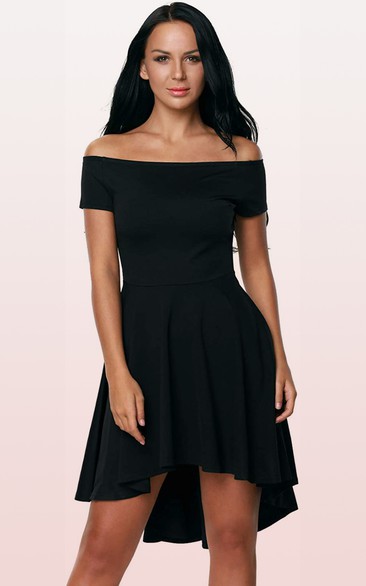 Jersey Short High-Low A Line Short Sleeve Simple Solid Dress with Pleats