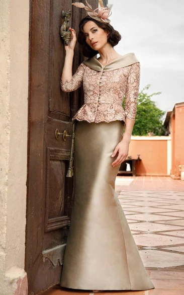 Satin Mermaid Floor Length Dress With 3-4-sleeved Lace Jacket