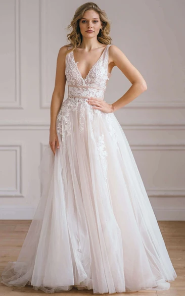 Ethereal A Line Lace Floor-length Sleeveless Open Back Wedding Dress with Appliques
